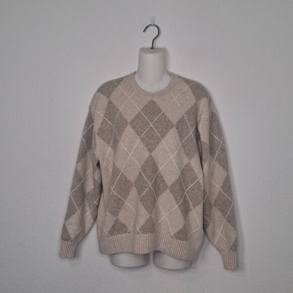 Hollister Argyle Sweater Sz M Oversized Pullover Slouchy Soft Neutral Preppy - Picture 1 of 14
